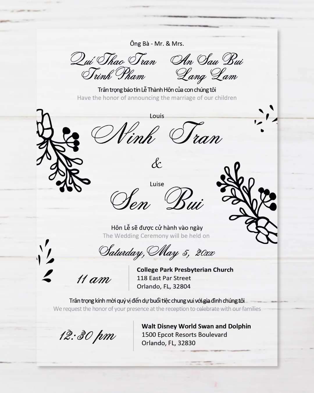 Branch Silhouette Flower Acrylic Wedding Invitation