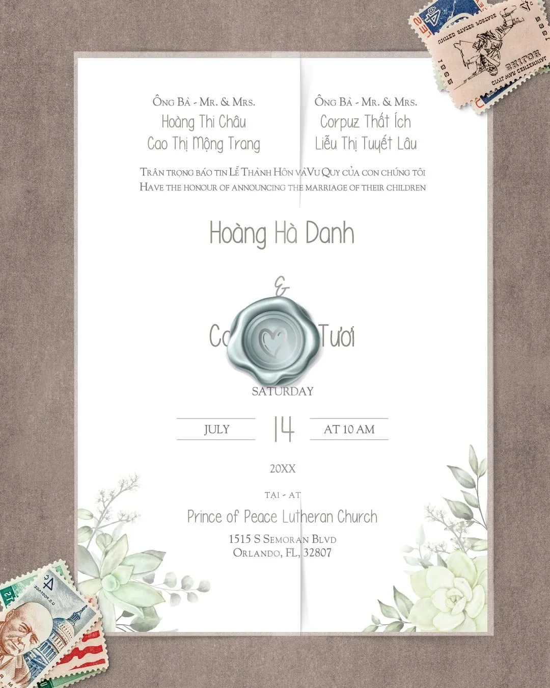 Elegant Green Watercolor Vellum Wrapped Vietnamese & English Wedding Invitation