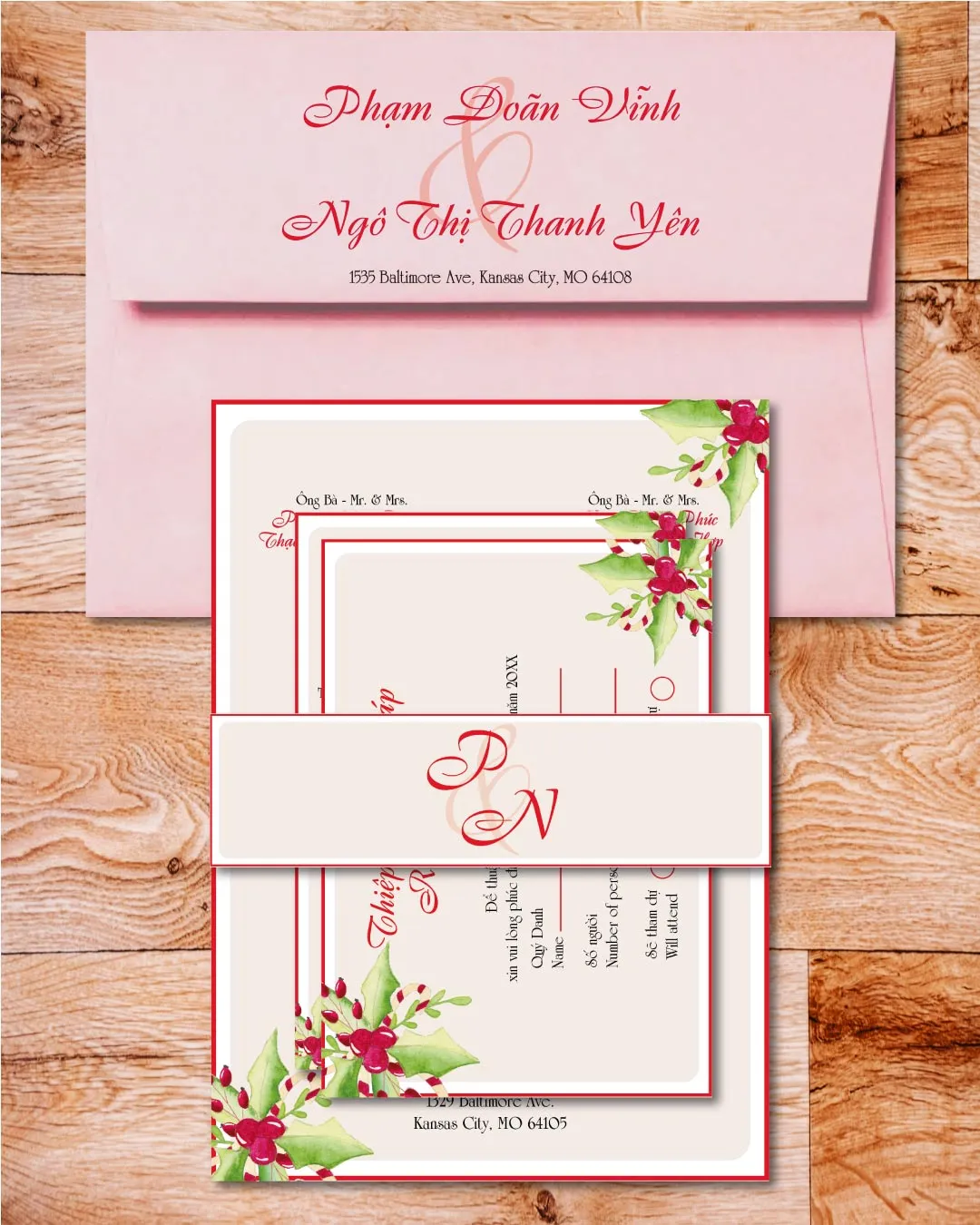 Pink Christmas Simple Flat 5x7 Wedding Invitation