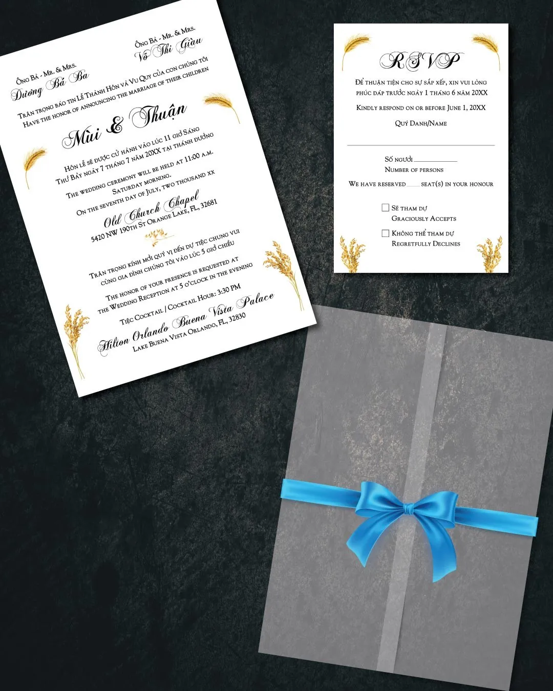 Wheat Leaves Vellum Wrapped Vietnamese & English Wedding Invitation