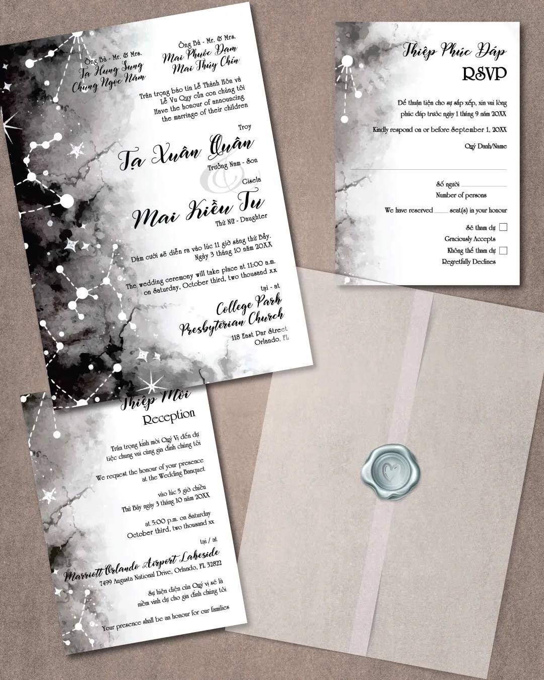 Constellations Design Vellum Wrapped Vietnamese & English Wedding Invitation