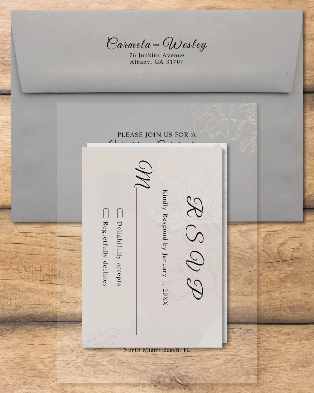 Gray Flower Silhouette Acrylic Wedding Invitation