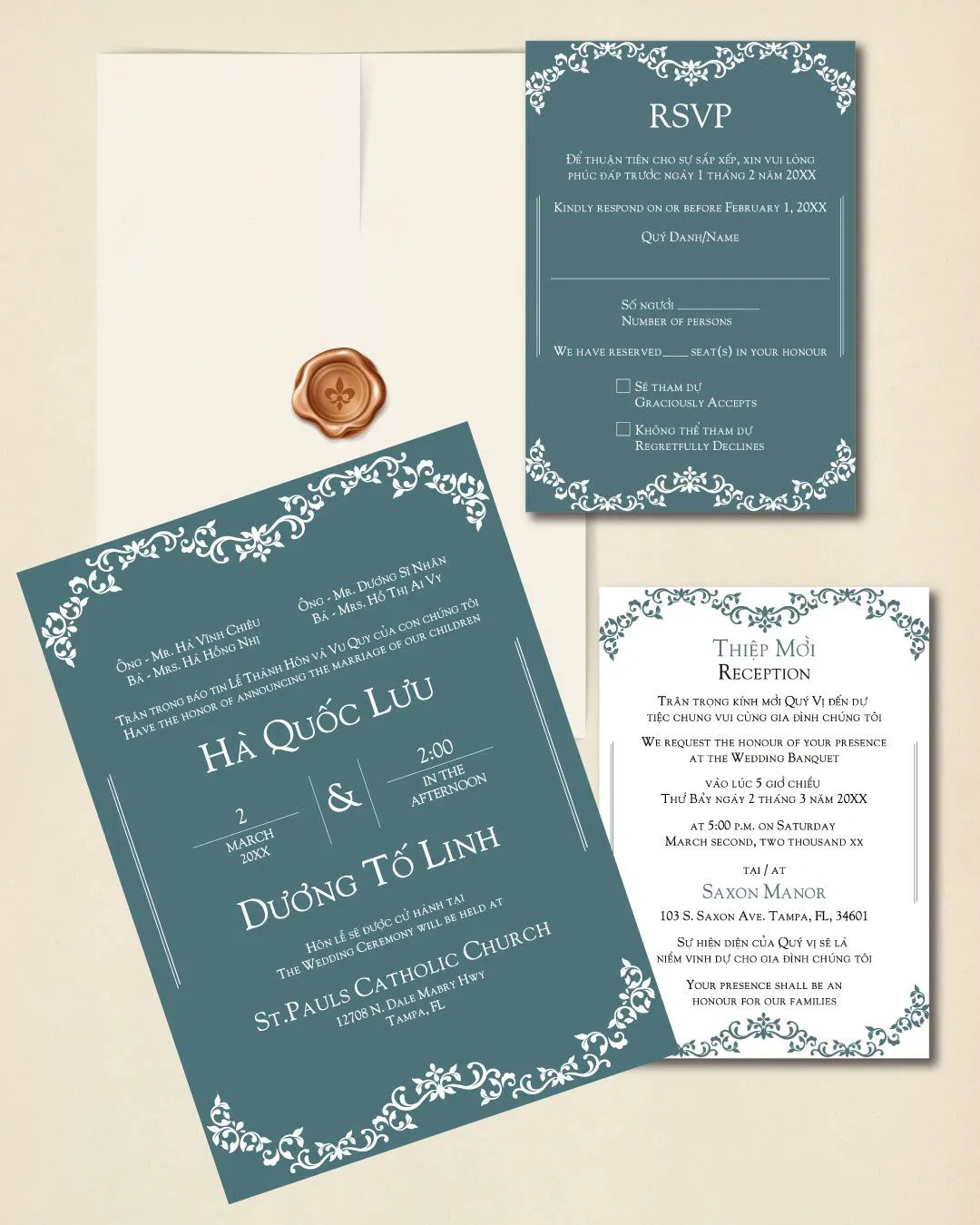 Formal Frame Invitation Vellum Wrapped Vietnamese & English Wedding Invitation