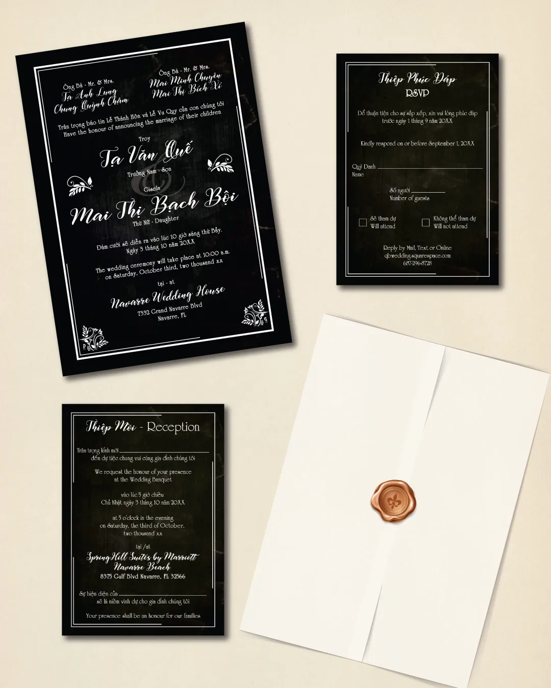 Vintage Slate Invitation Vellum Wrapped Vietnamese & English Wedding Invitation