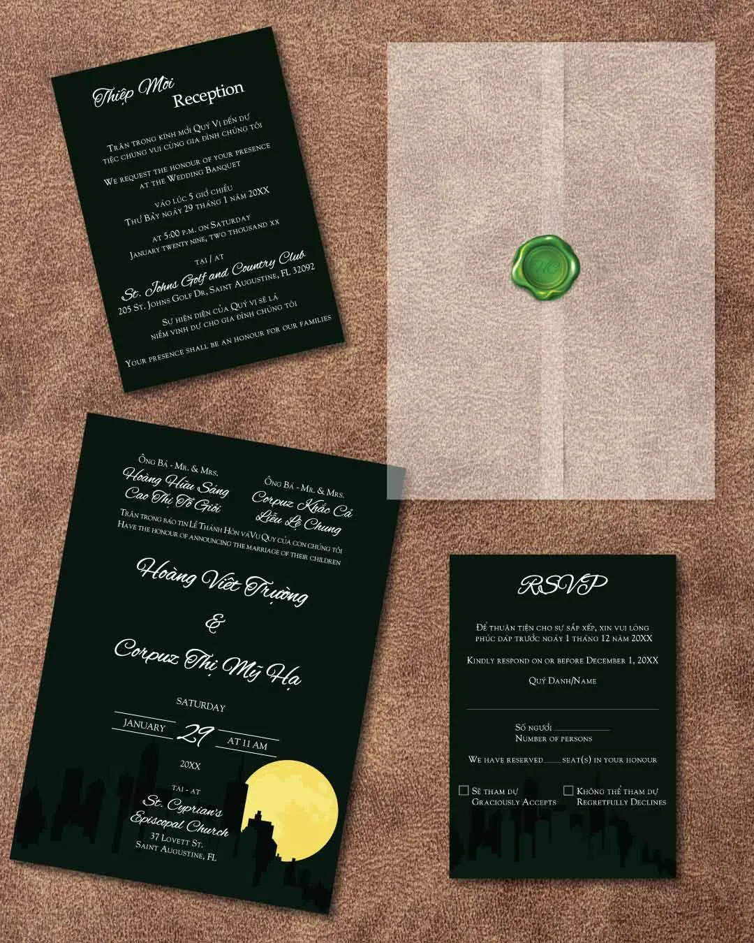 Moon in the City Vellum Wrapped Vietnamese & English Wedding Invitation