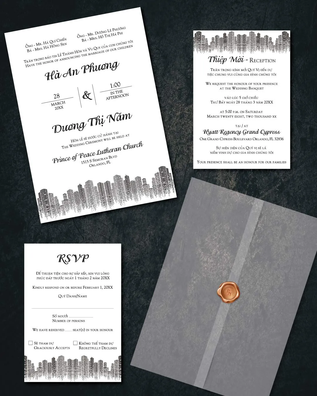 City Buildings Vellum Wrapped Vietnamese & English Wedding Invitation