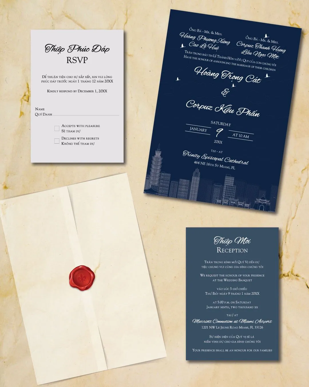 Taiwan City Buildings Vellum Wrapped Vietnamese & English Wedding Invitation