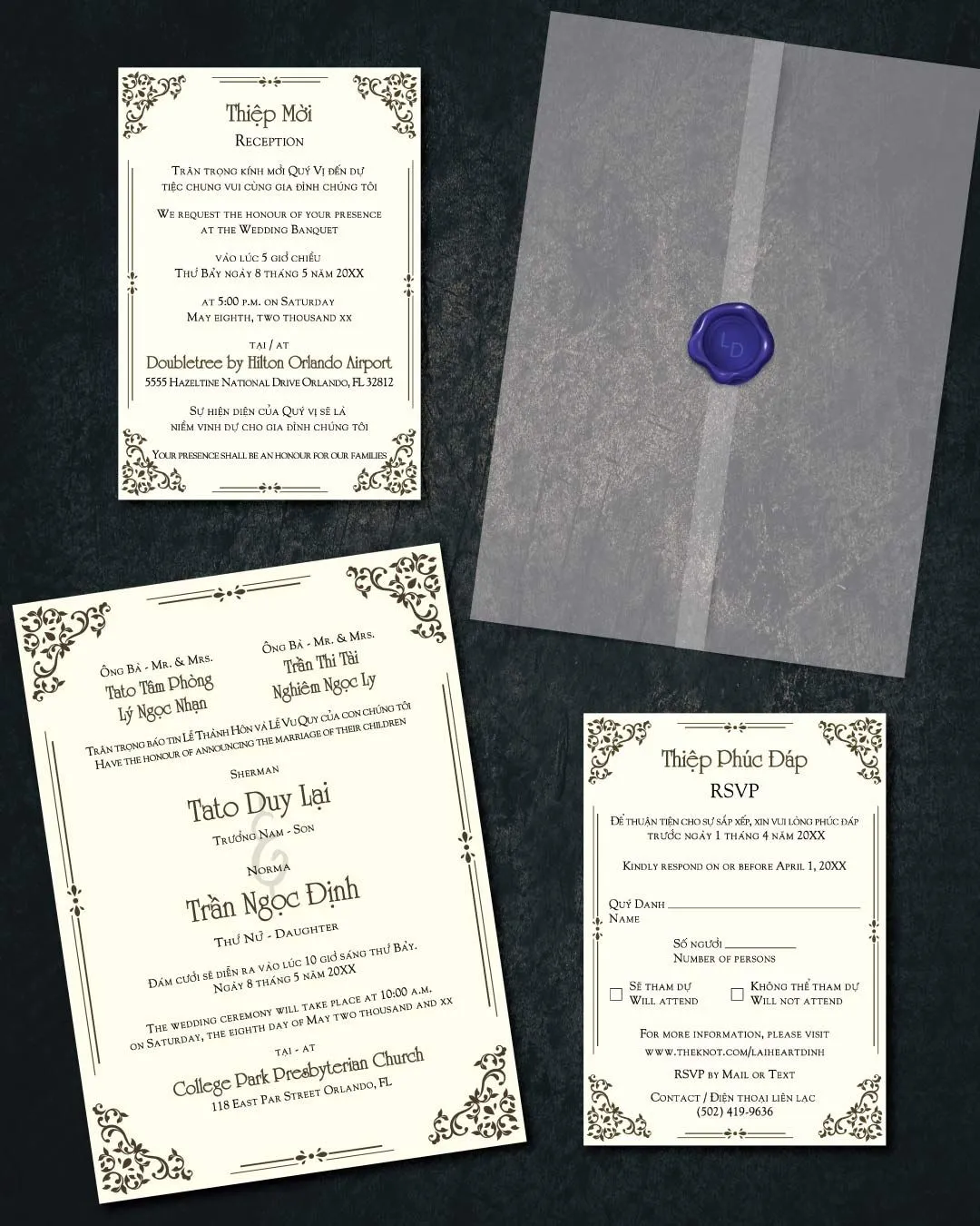 Formal Vellum Wrapped Vietnamese & English Wedding Invitation