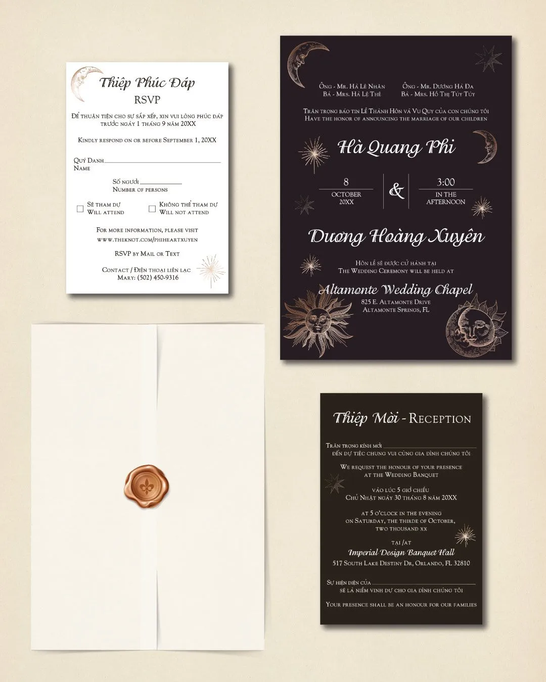 Vintage Celestial Sky Vellum Wrapped Vietnamese & English Wedding Invitation