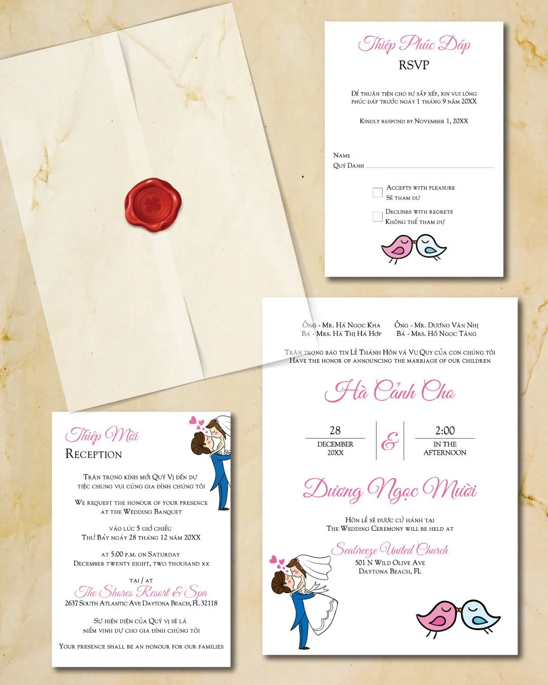 Hand Drawn Newlywed Vellum Wrapped Vietnamese & English Wedding Invitation