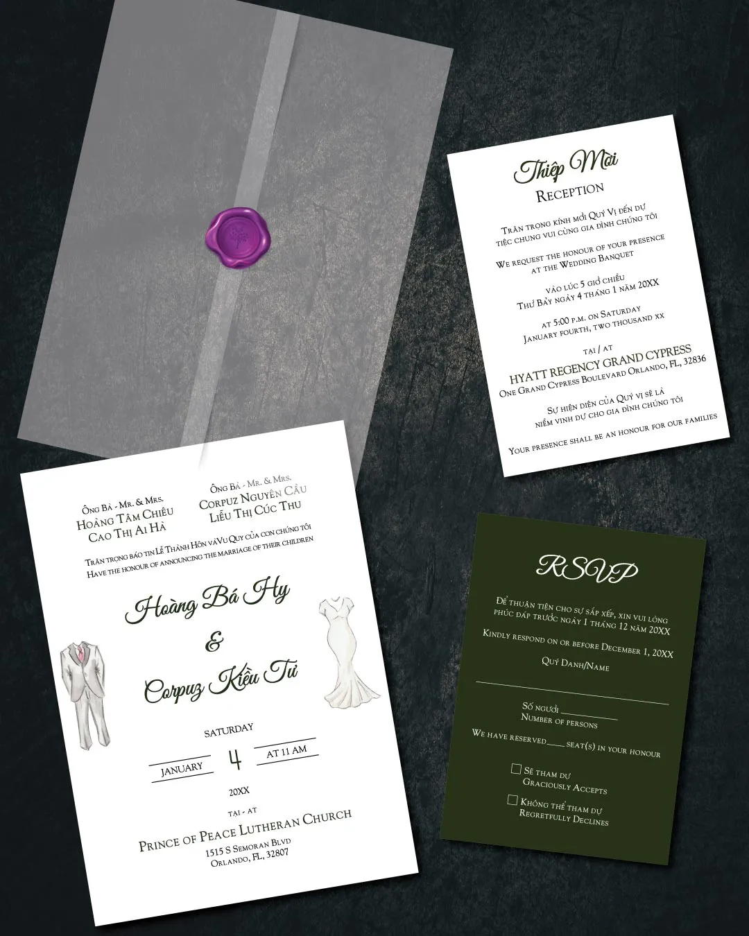 Wedding Dress and Suit Vellum Wrapped Vietnamese & English Wedding Invitation