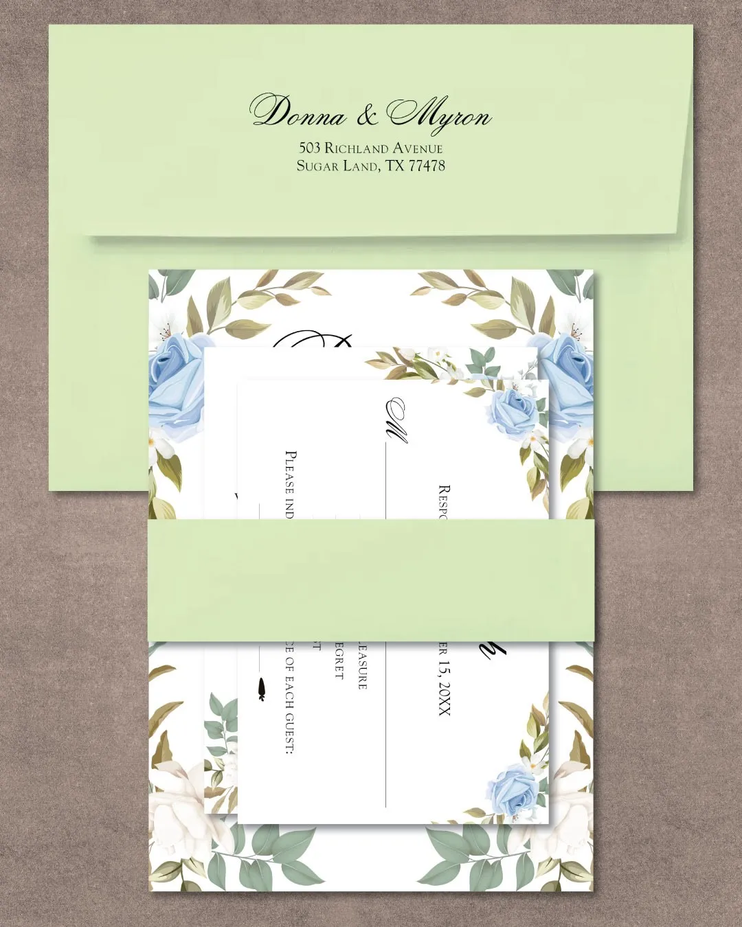 Blue Roses Leaves Simple Flat 5x7 Wedding Invitation