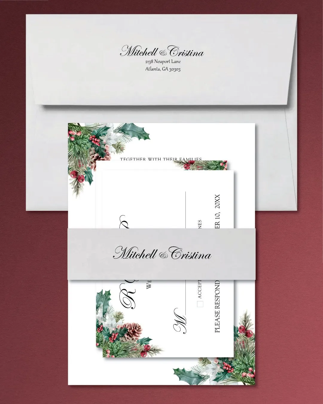 Christmas Corners Simple Flat 5x7 Wedding Invitation