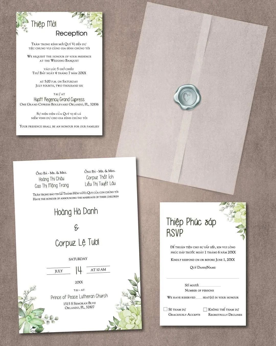 Elegant Green Watercolor Vellum Wrapped Vietnamese & English Wedding Invitation