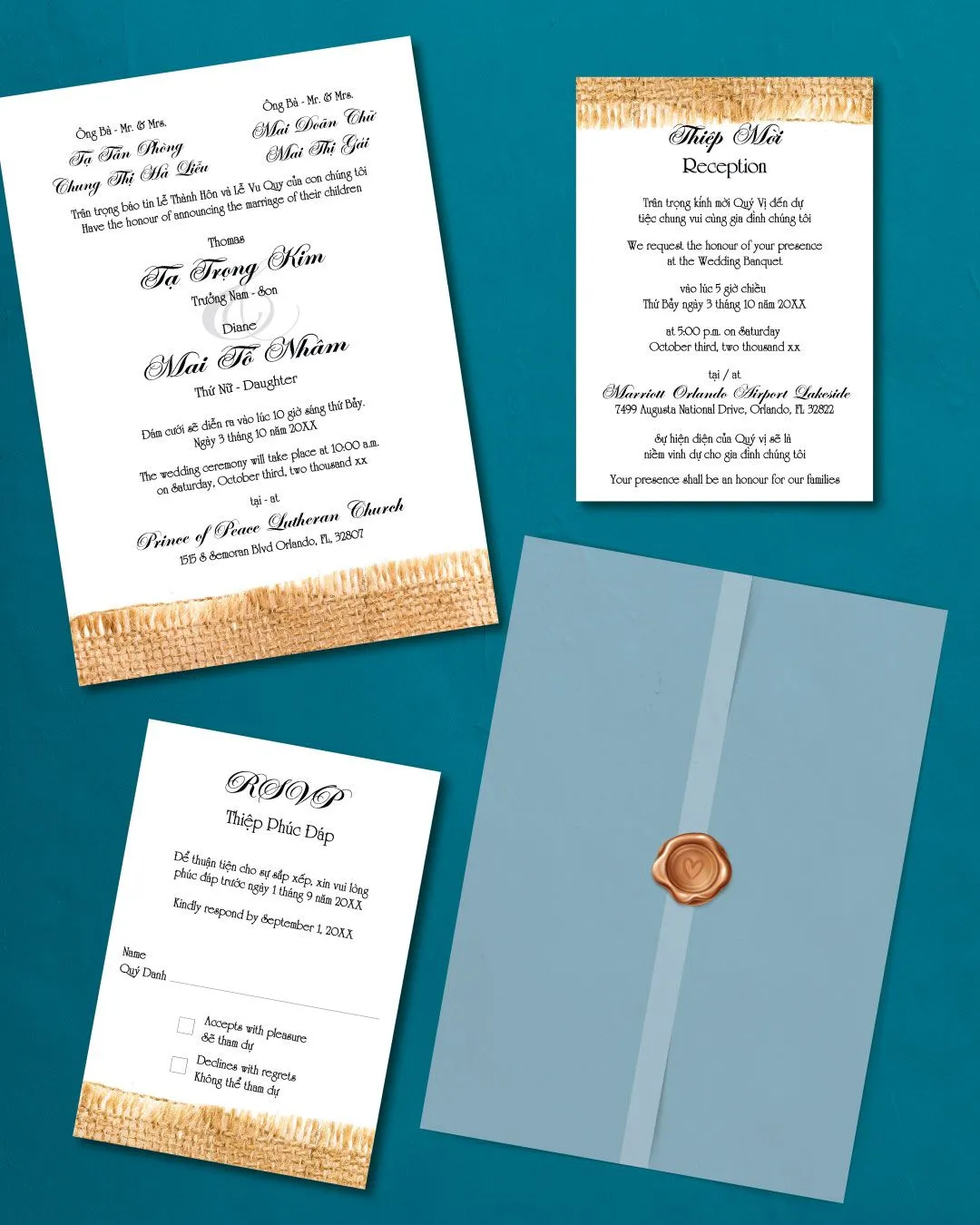 Beautiful Burlap Texture Vellum Wrapped Vietnamese & English Wedding Invitation