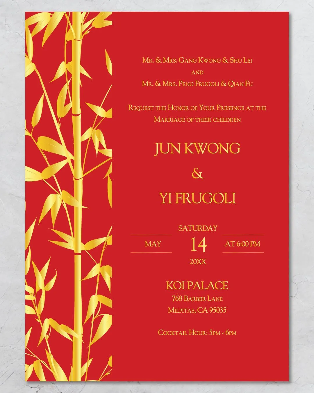 Shiny Golden Bamboo Foil Wedding Invitation