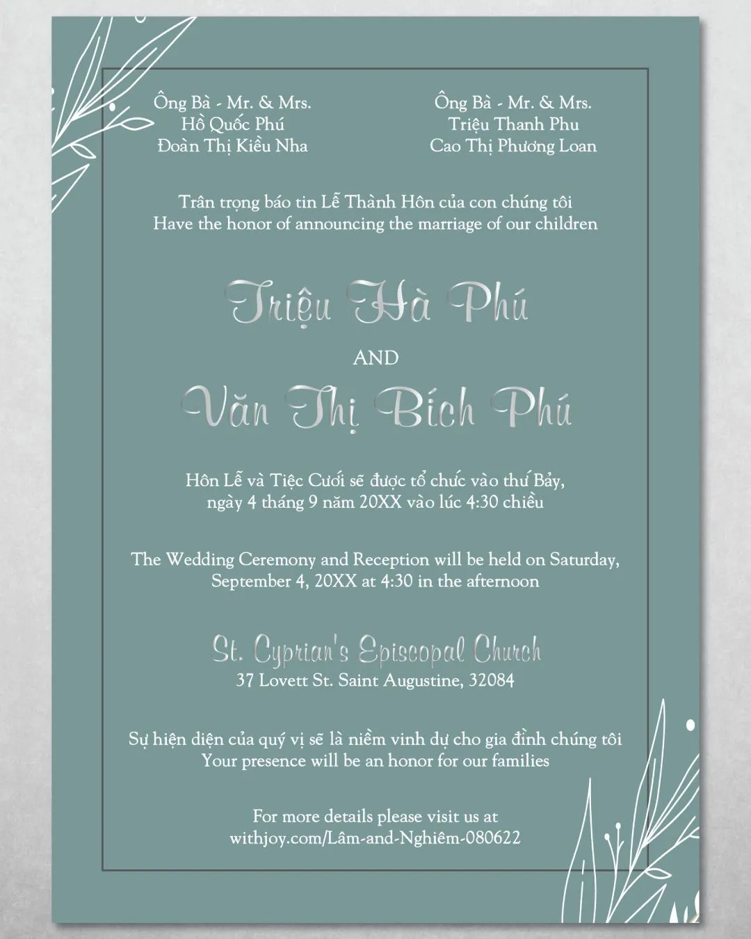 Simple Fram Leaves Foil Wedding Invitation