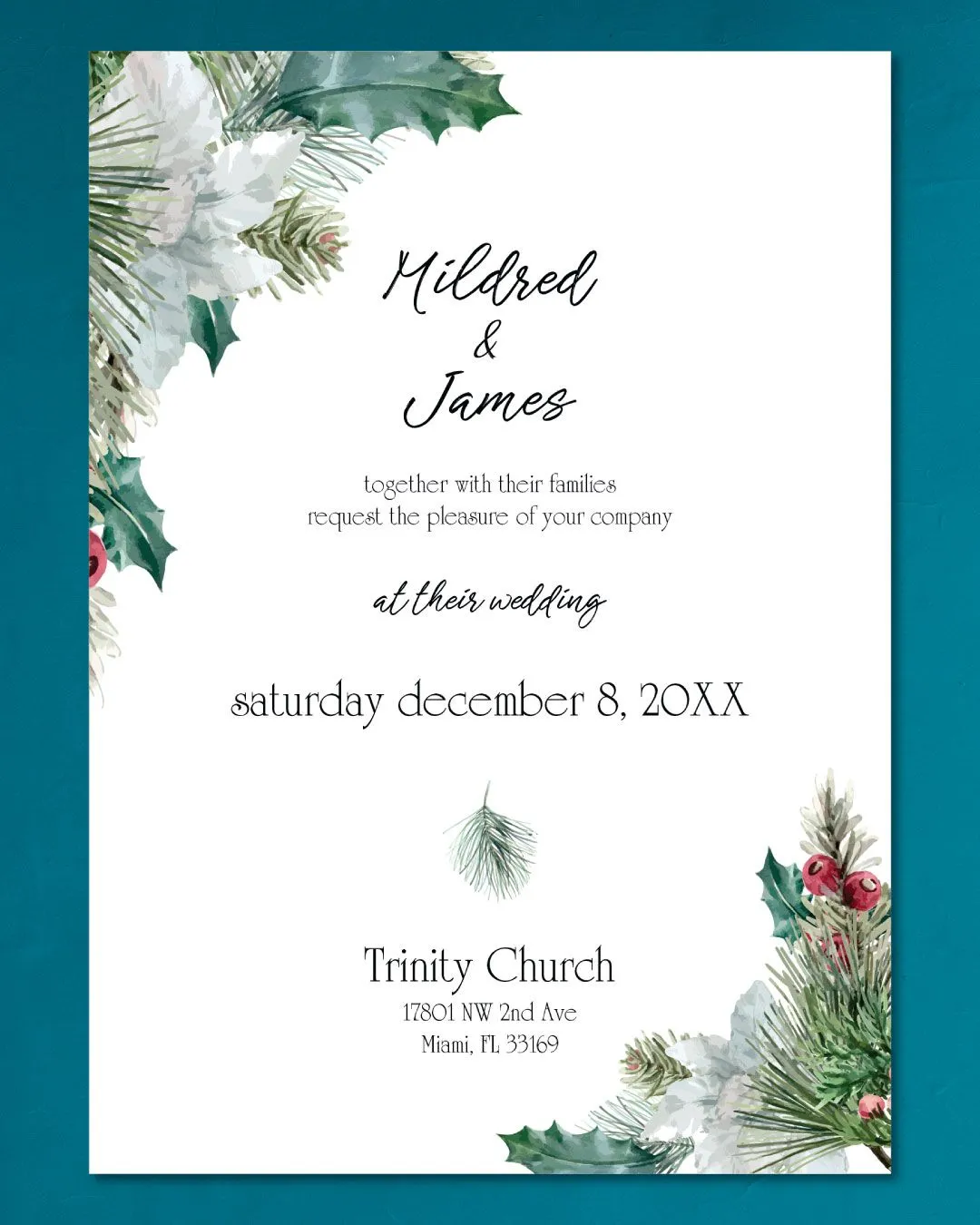 Blue Christmas Simple Flat 5x7 Wedding Invitation