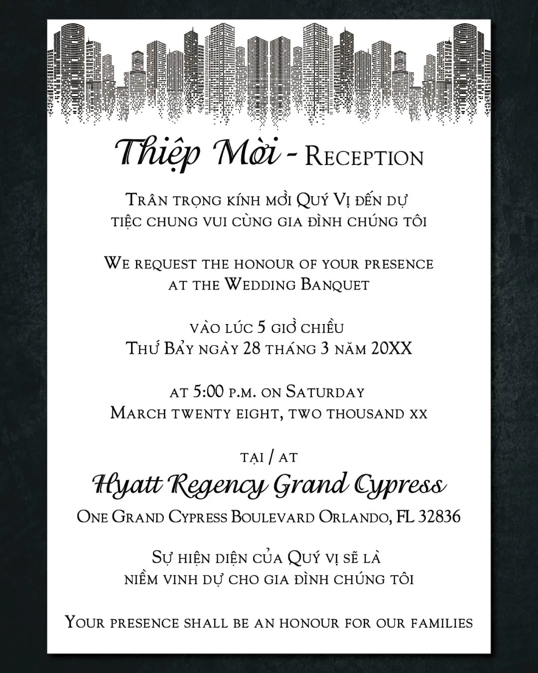 City Buildings Vellum Wrapped Vietnamese & English Wedding Invitation