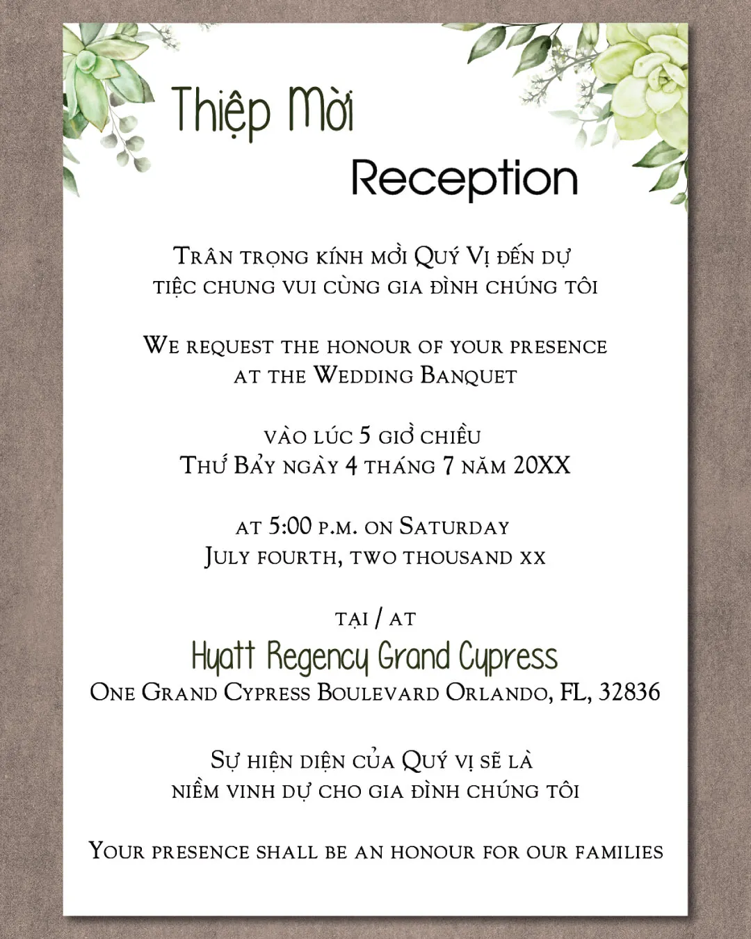 Elegant Green Watercolor Vellum Wrapped Vietnamese & English Wedding Invitation