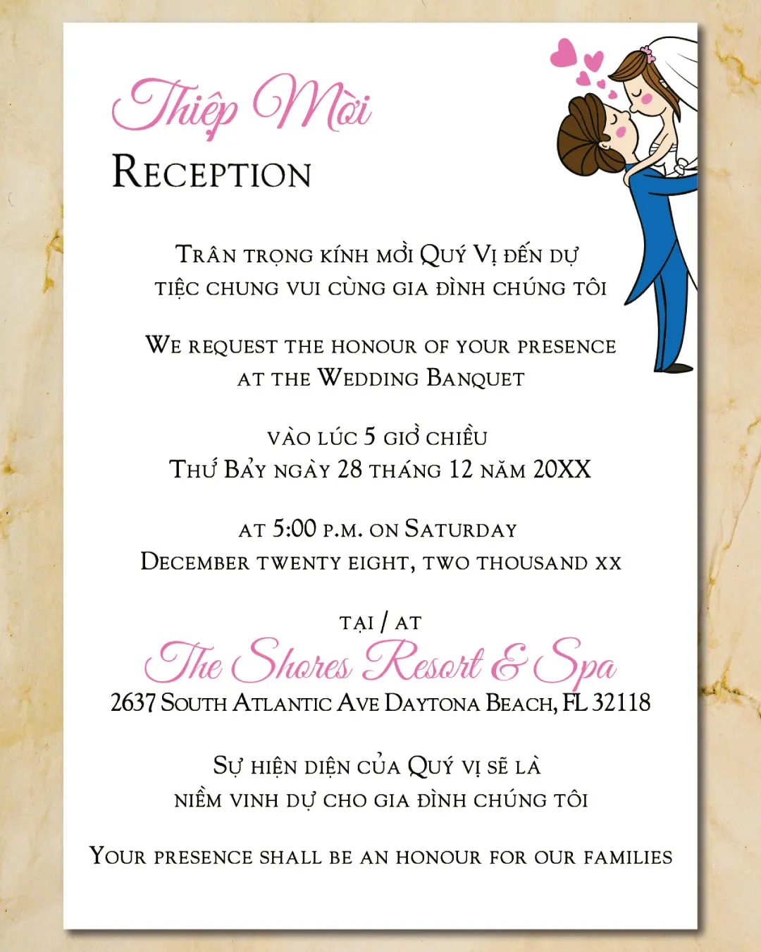 Hand Drawn Newlywed Vellum Wrapped Vietnamese & English Wedding Invitation