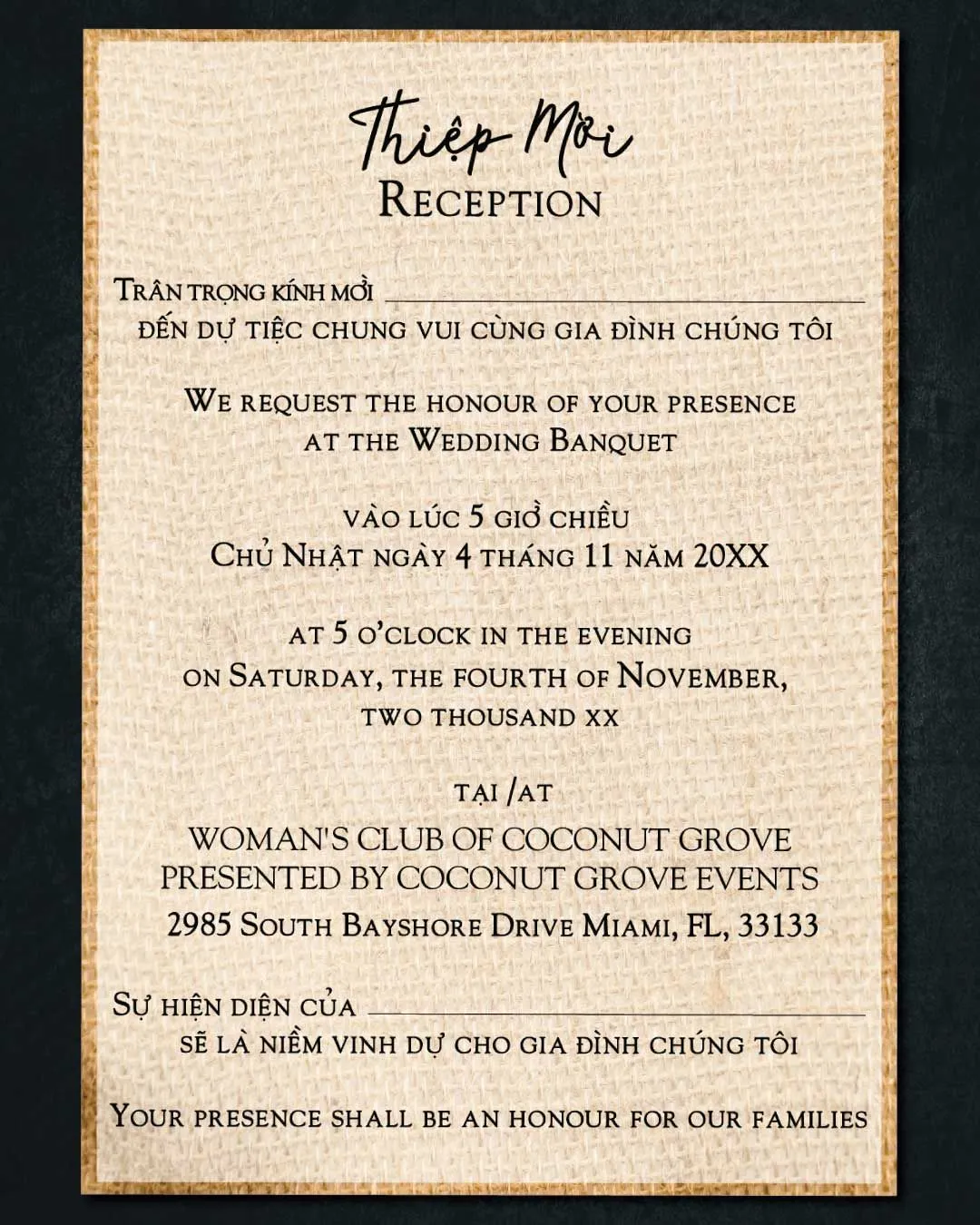 Burlap Texture Vellum Wrapped Vietnamese & English Wedding Invitation