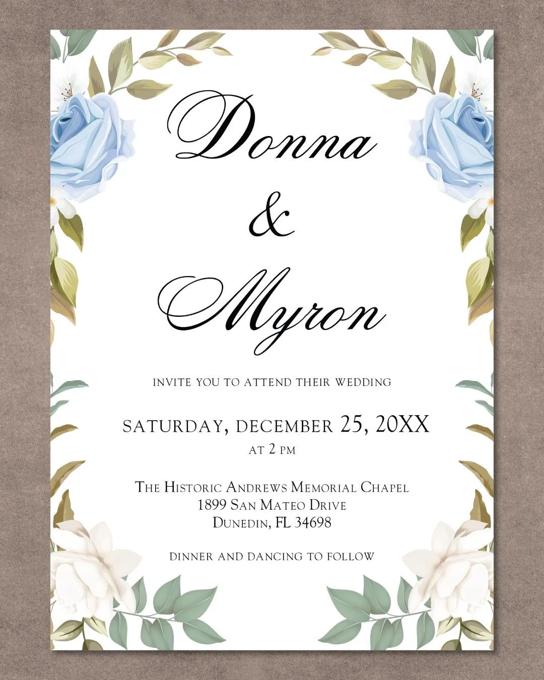 Blue Roses Leaves Simple Flat 5x7 Wedding Invitation