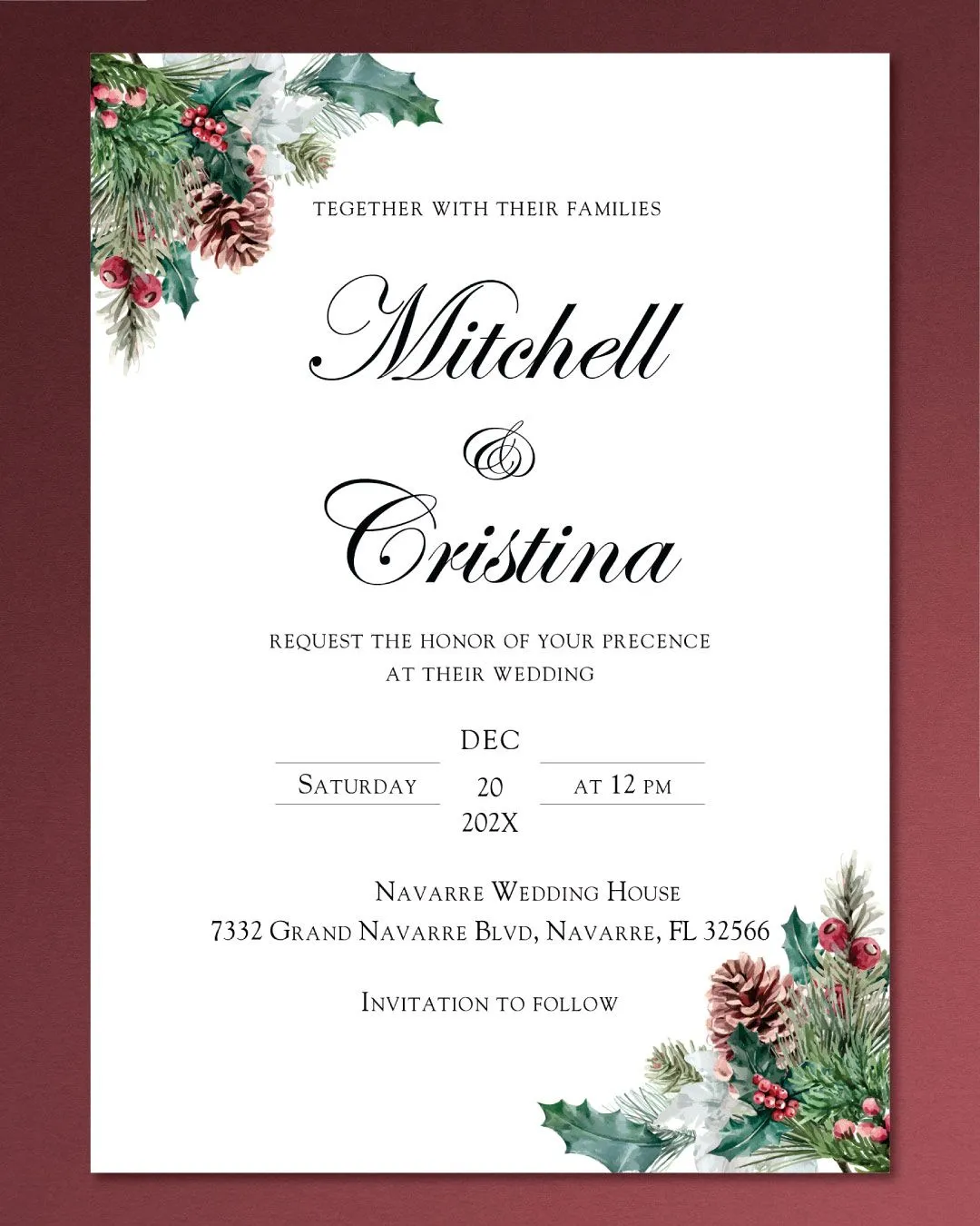 Christmas Corners Simple Flat 5x7 Wedding Invitation