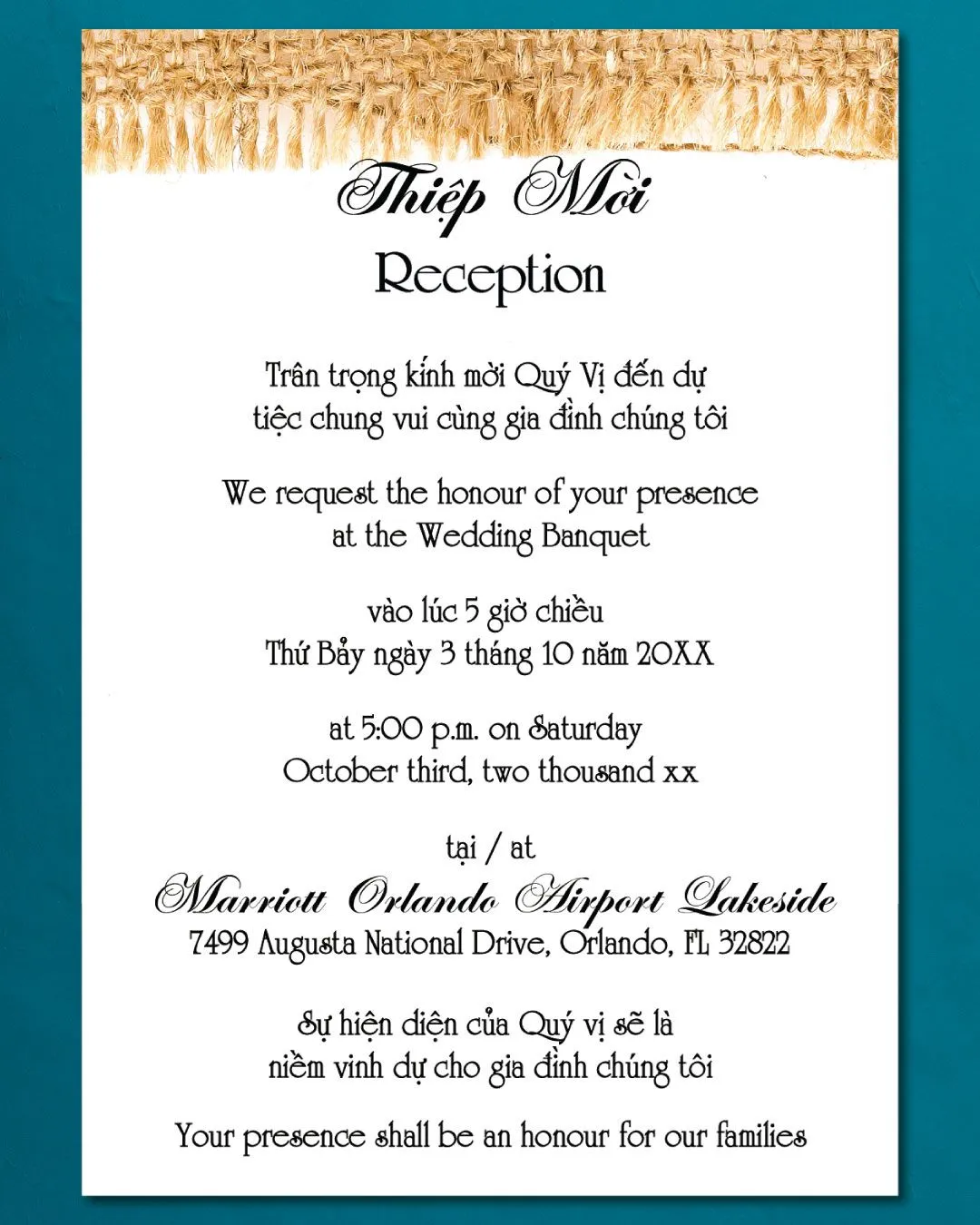 Beautiful Burlap Texture Vellum Wrapped Vietnamese & English Wedding Invitation