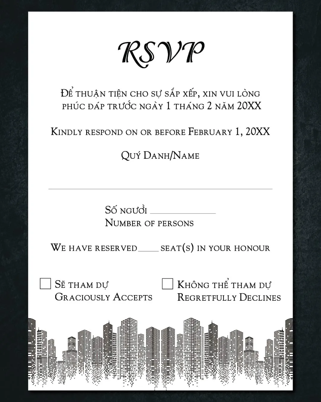 City Buildings Vellum Wrapped Vietnamese & English Wedding Invitation