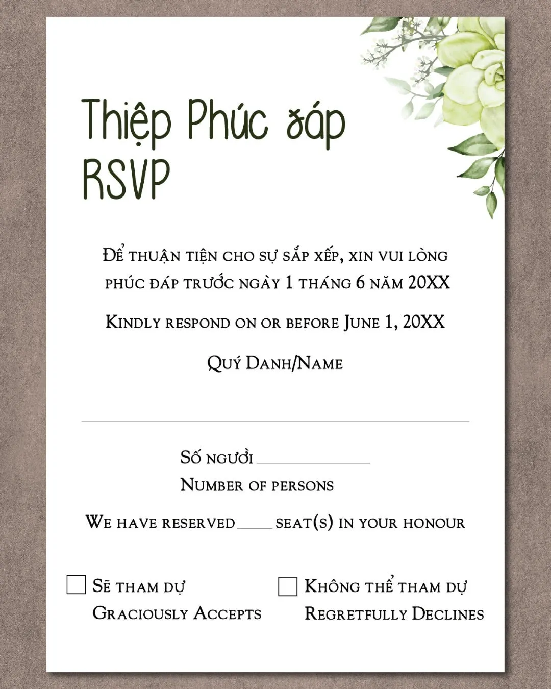 Elegant Green Watercolor Vellum Wrapped Vietnamese & English Wedding Invitation