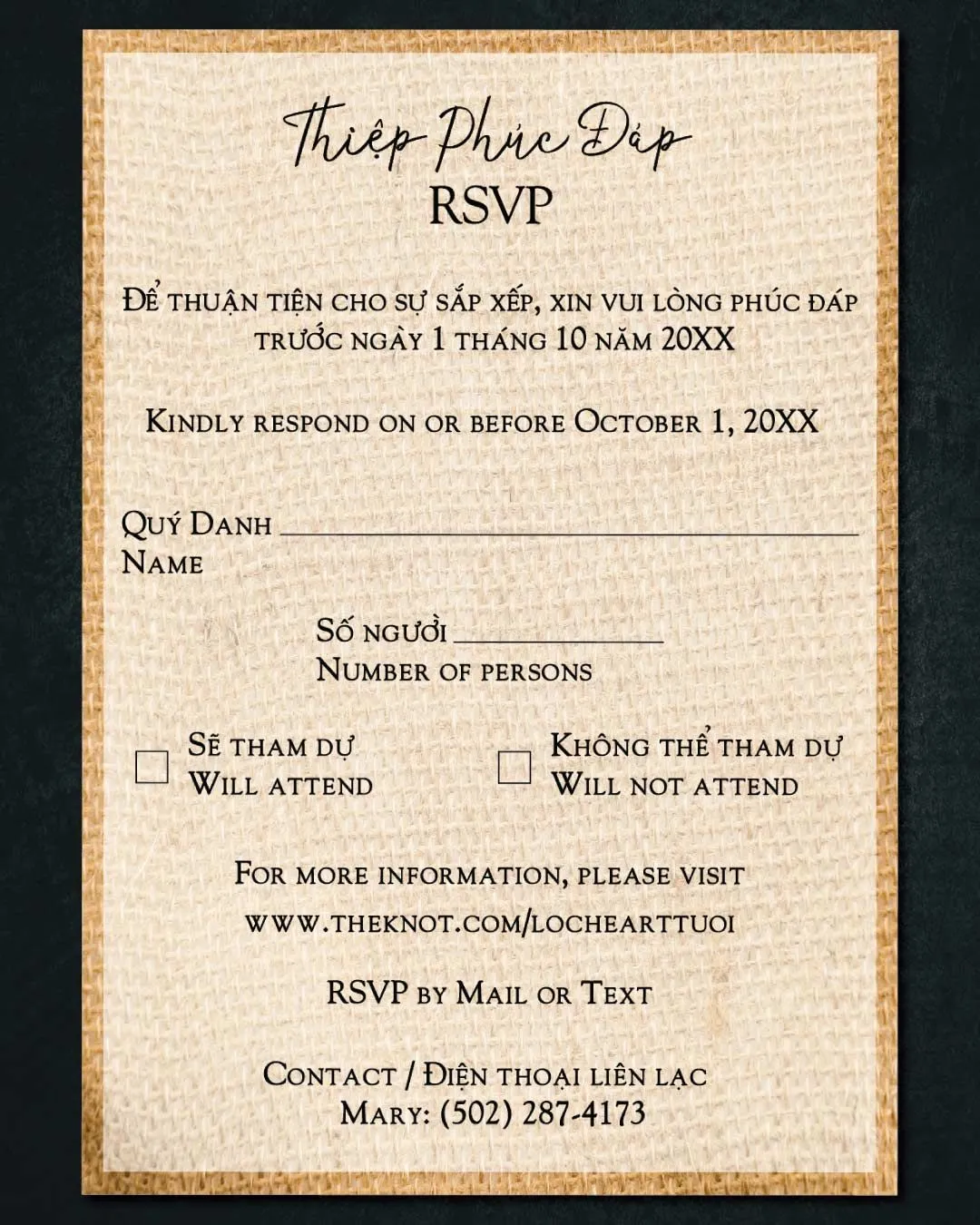Burlap Texture Vellum Wrapped Vietnamese & English Wedding Invitation