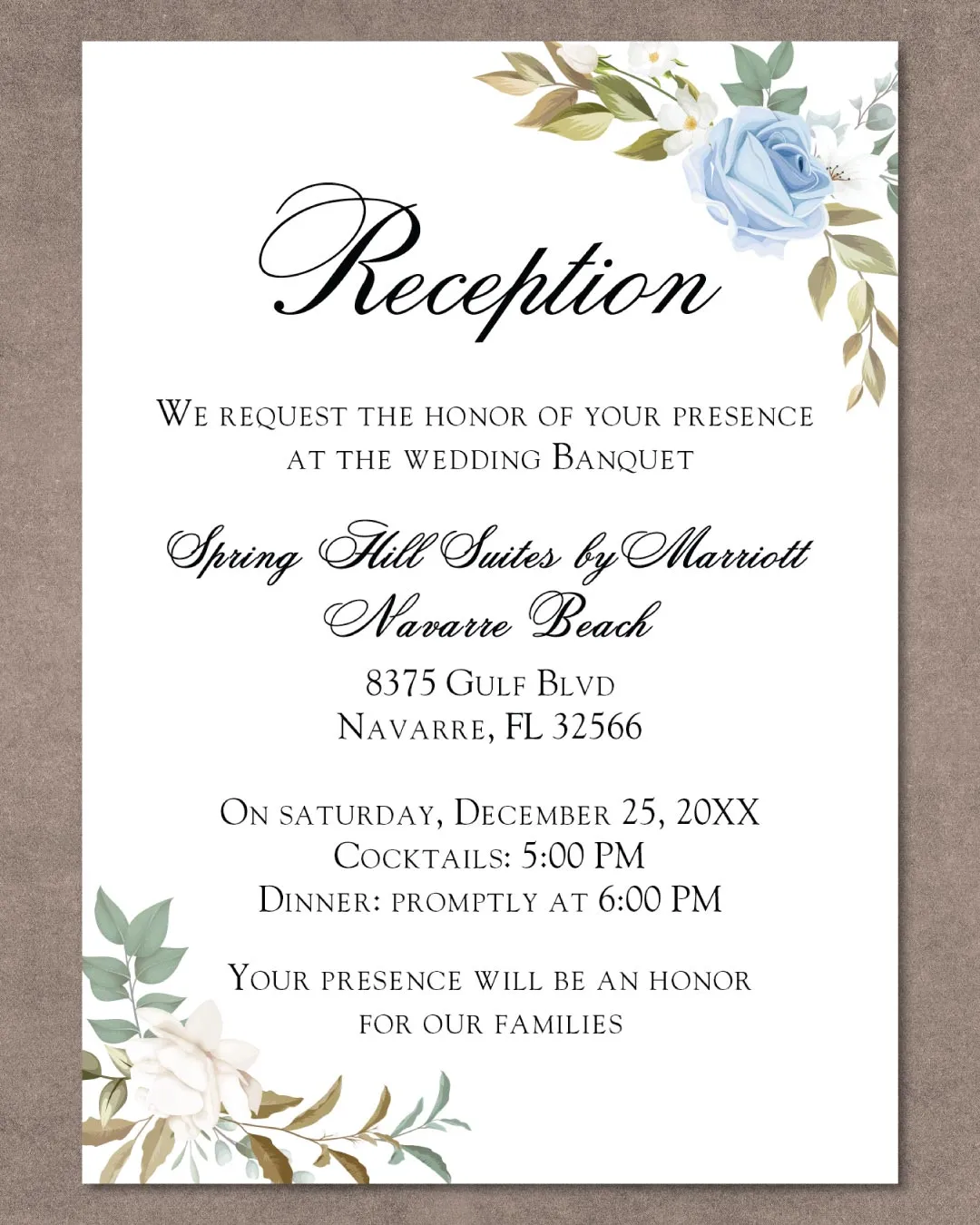 Blue Roses Leaves Simple Flat 5x7 Wedding Invitation