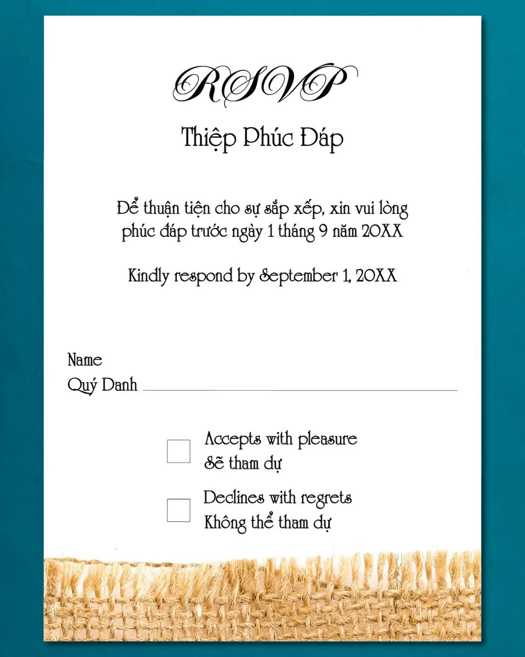 Beautiful Burlap Texture Vellum Wrapped Vietnamese & English Wedding Invitation