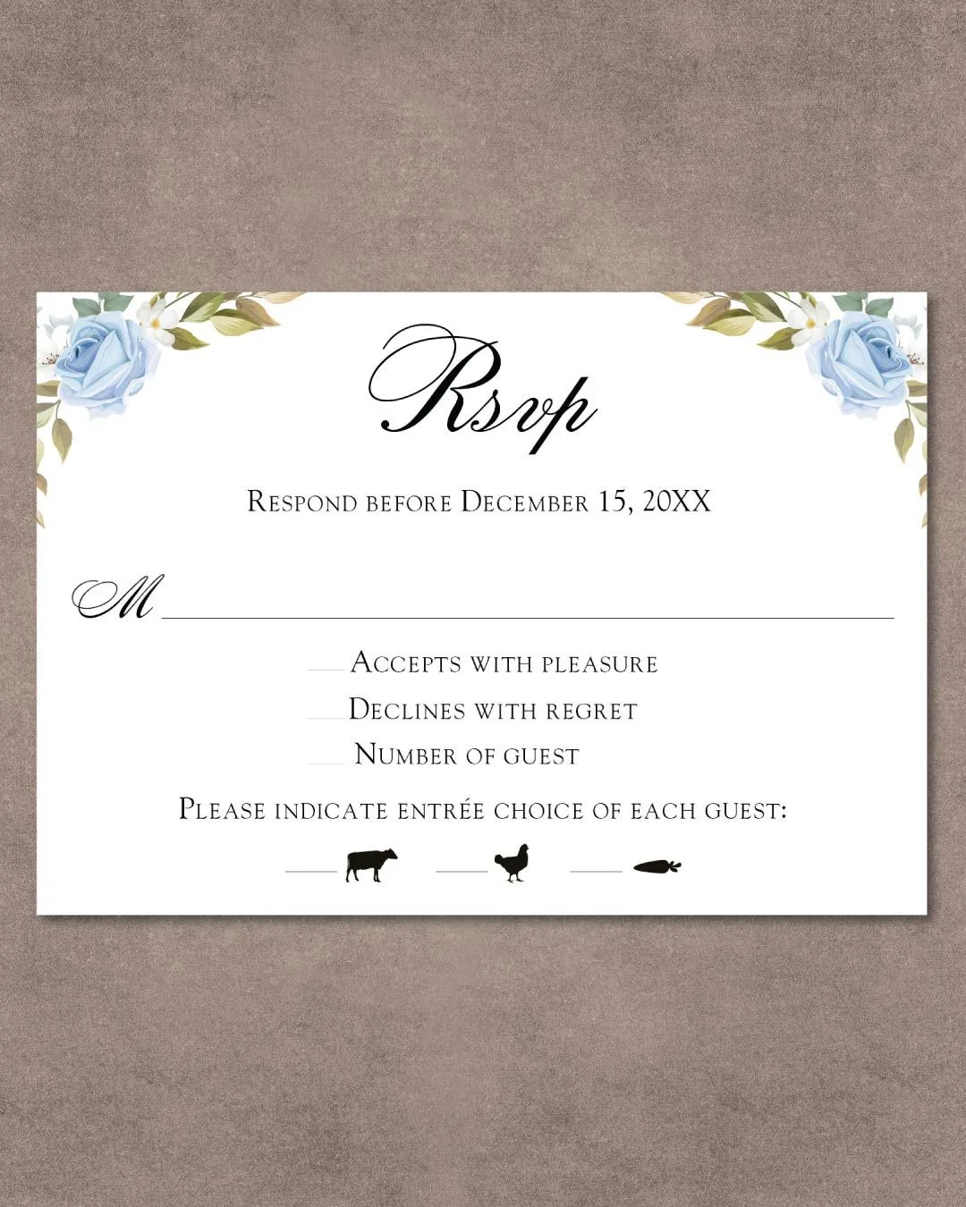 Blue Roses Leaves Simple Flat 5x7 Wedding Invitation