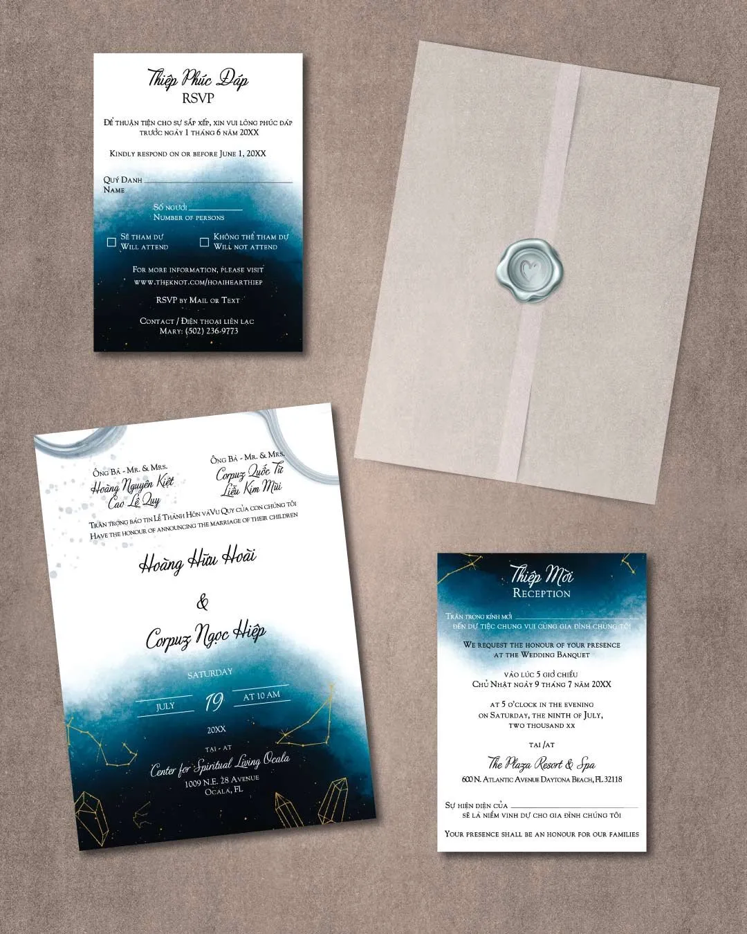 Gold Constellations Space Vellum Wrapped Vietnamese & English Wedding Invitation