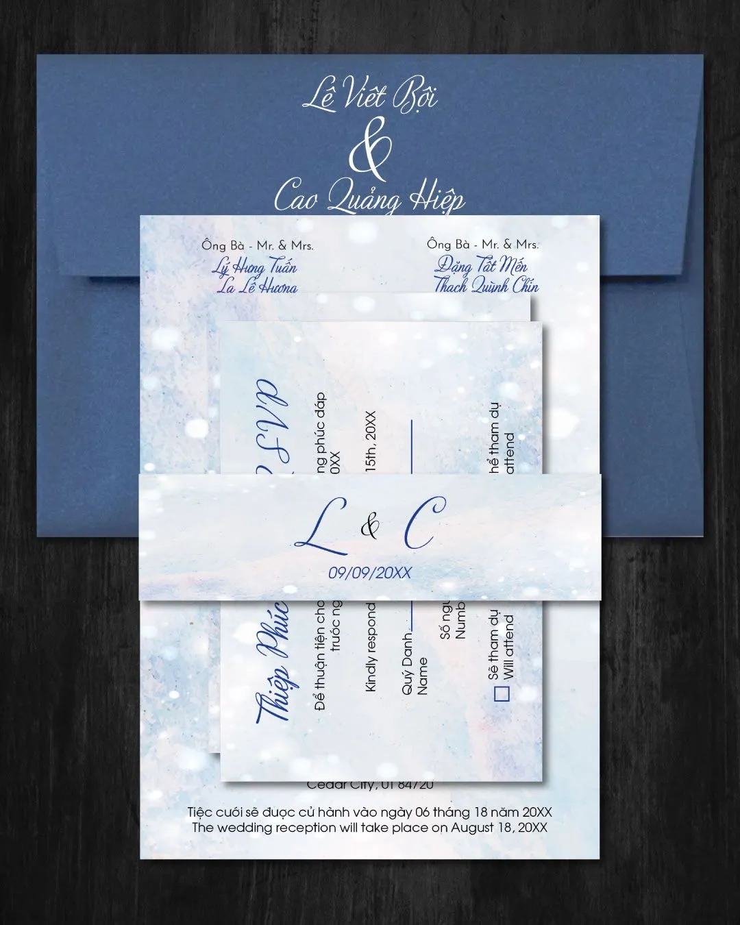 Blue Snow Simple Flat 5x7 Wedding Invitation