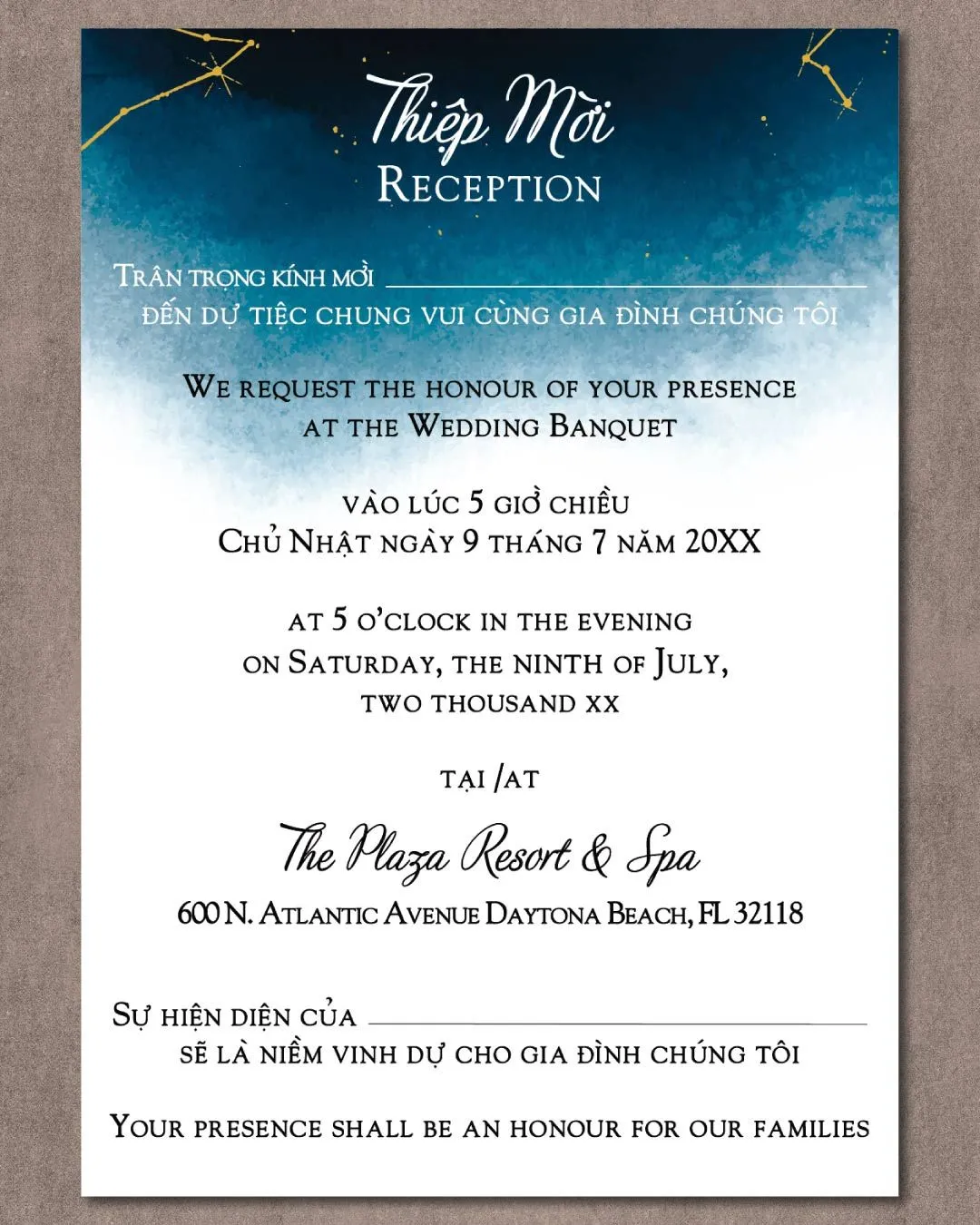 Gold Constellations Space Vellum Wrapped Vietnamese & English Wedding Invitation