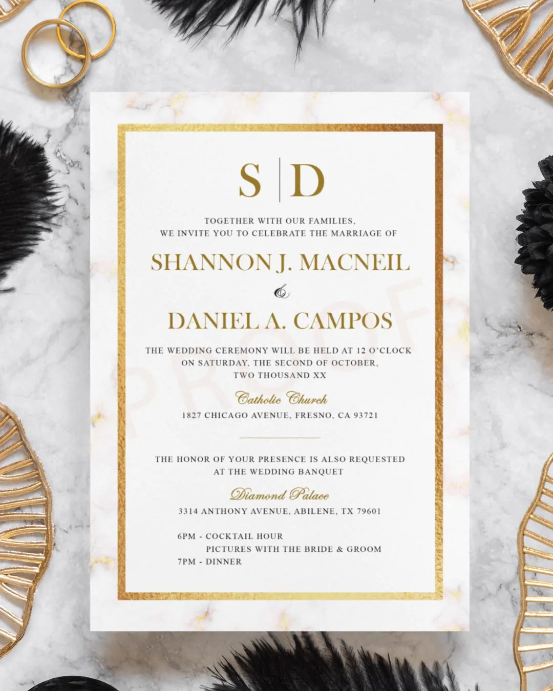 Luxurious Gilt Border Simple Flat 5x7 Wedding Invitation 1