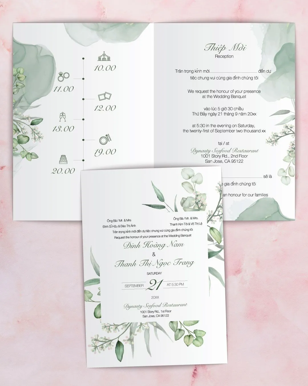 Forest Green Leaves Half Fold Vietnamese & English Wedding Invitation