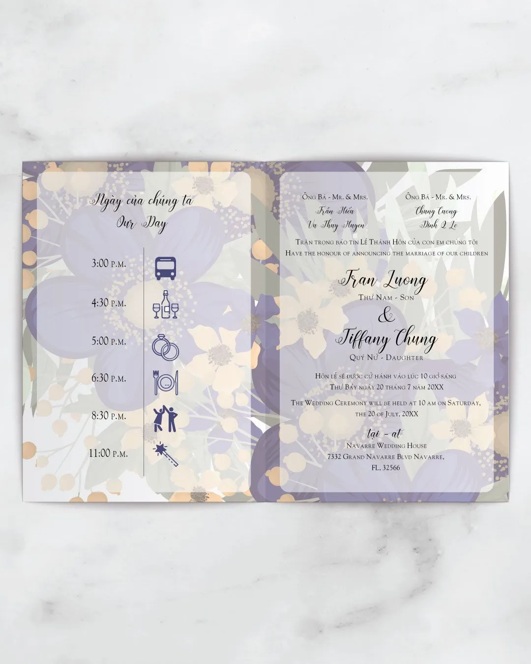 Blue And Yellow Flowers Half Fold Vietnamese & English Wedding Invitation