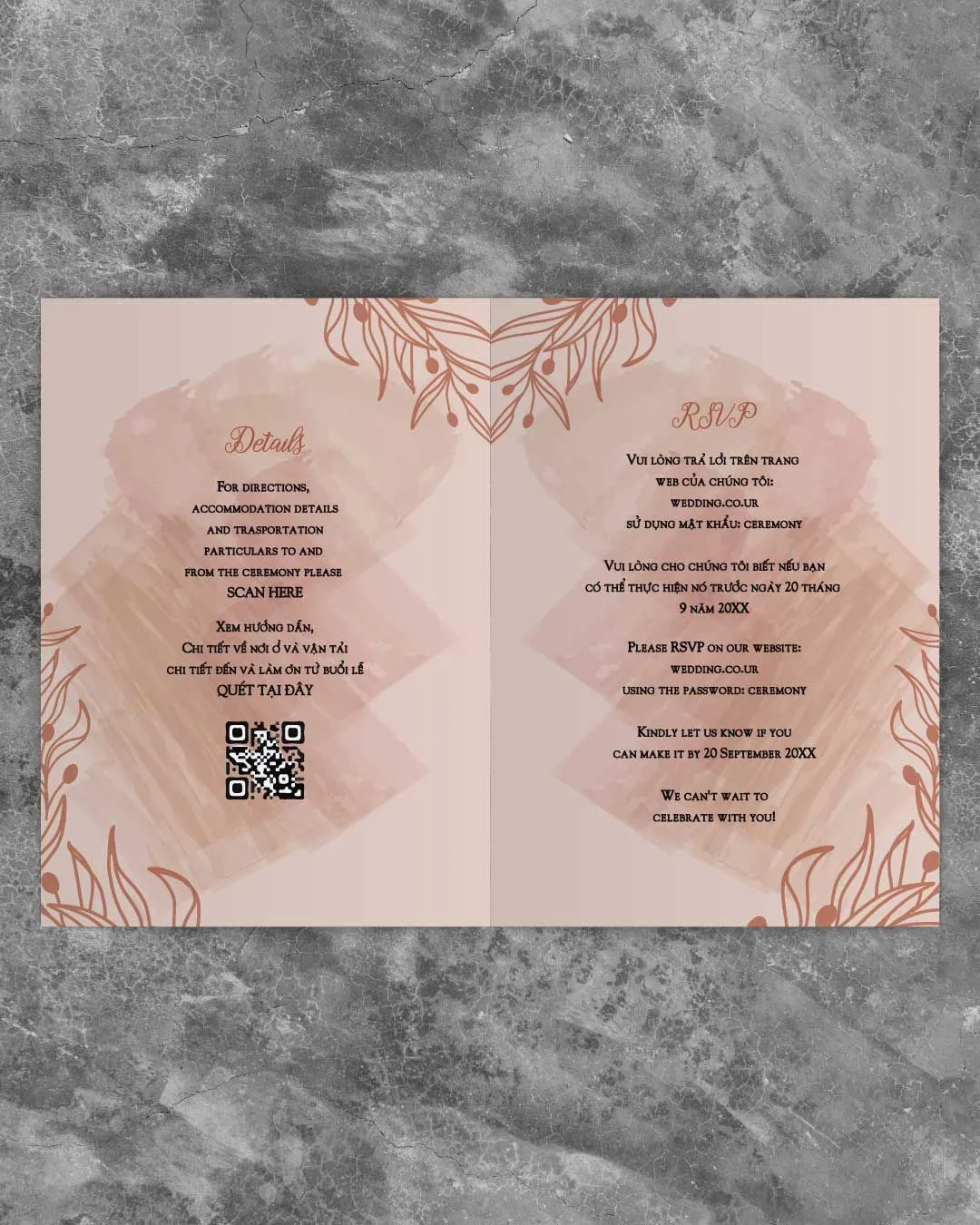 Rough Peach Brushstrokes Half Fold Vietnamese & English Wedding Invitation