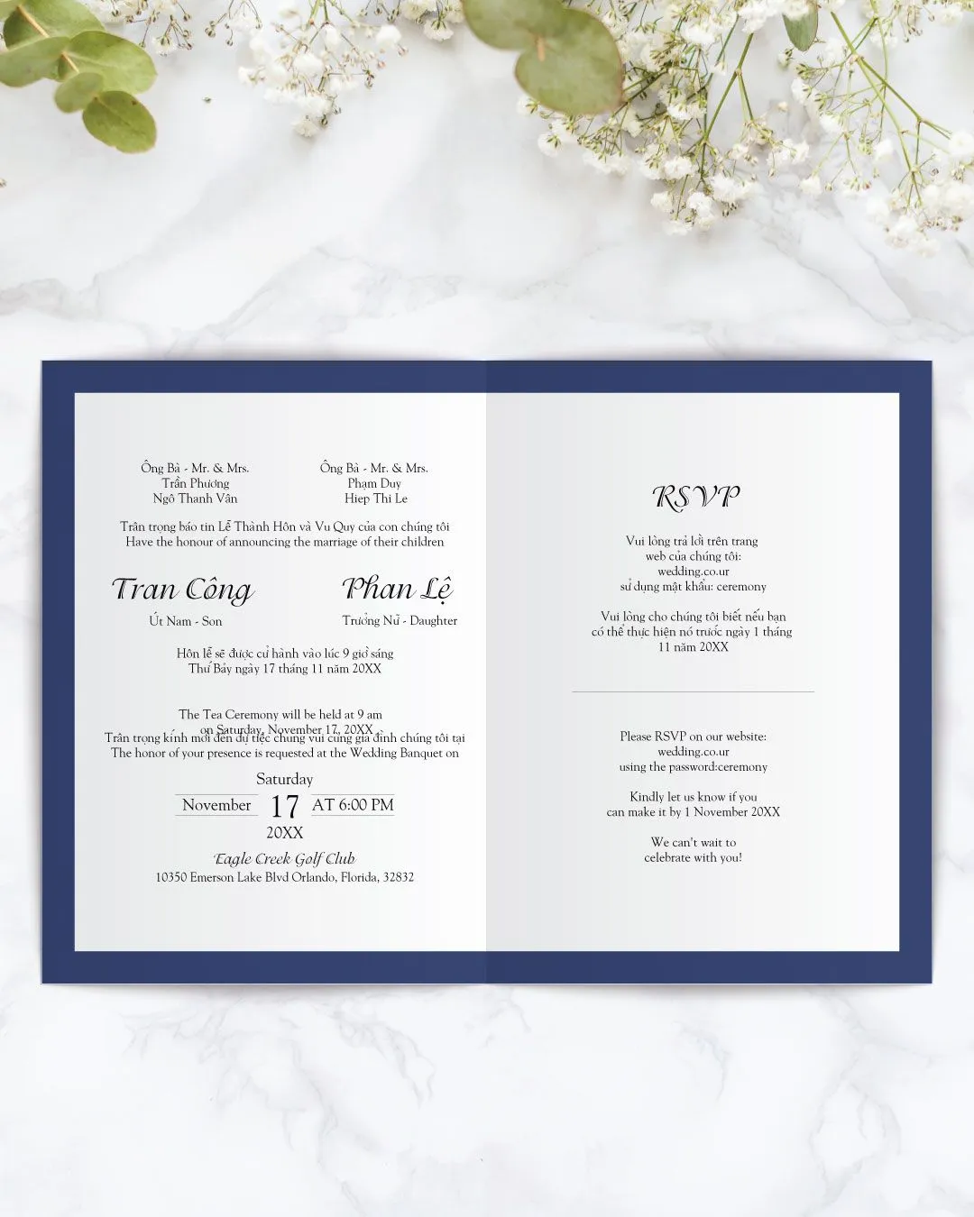Hanging Festive Lanterns Half Fold Vietnamese & English Wedding Invitation