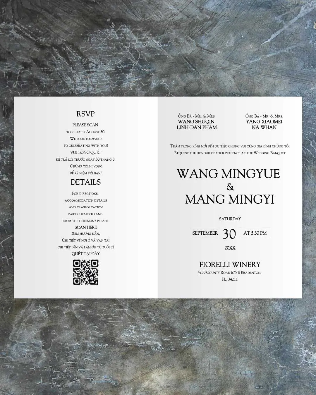 Minimalist White Invitation Half Fold Vietnamese & English Wedding Invitation