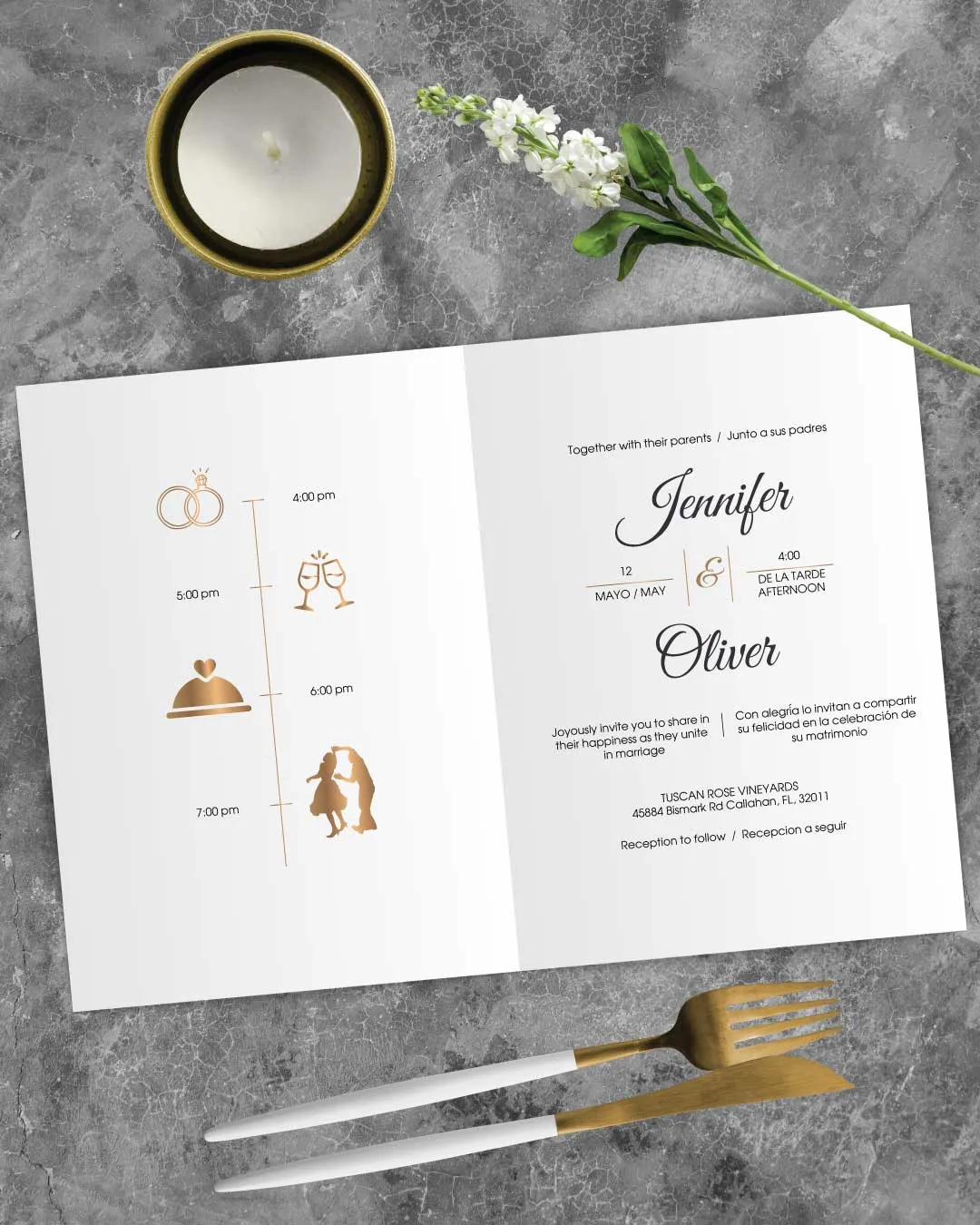 Decorations & Couple's Photo Half Fold Spanish & English Wedding Invitation