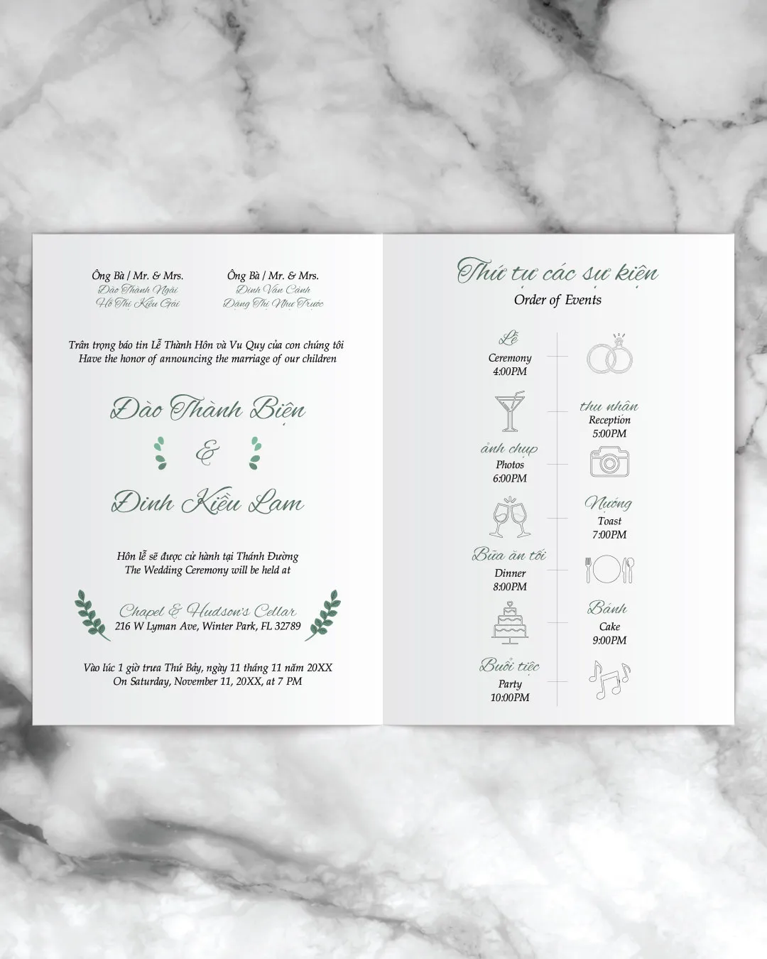 Minimalistic Leaves And Trees Half Fold Vietnamese & English Wedding Invitation