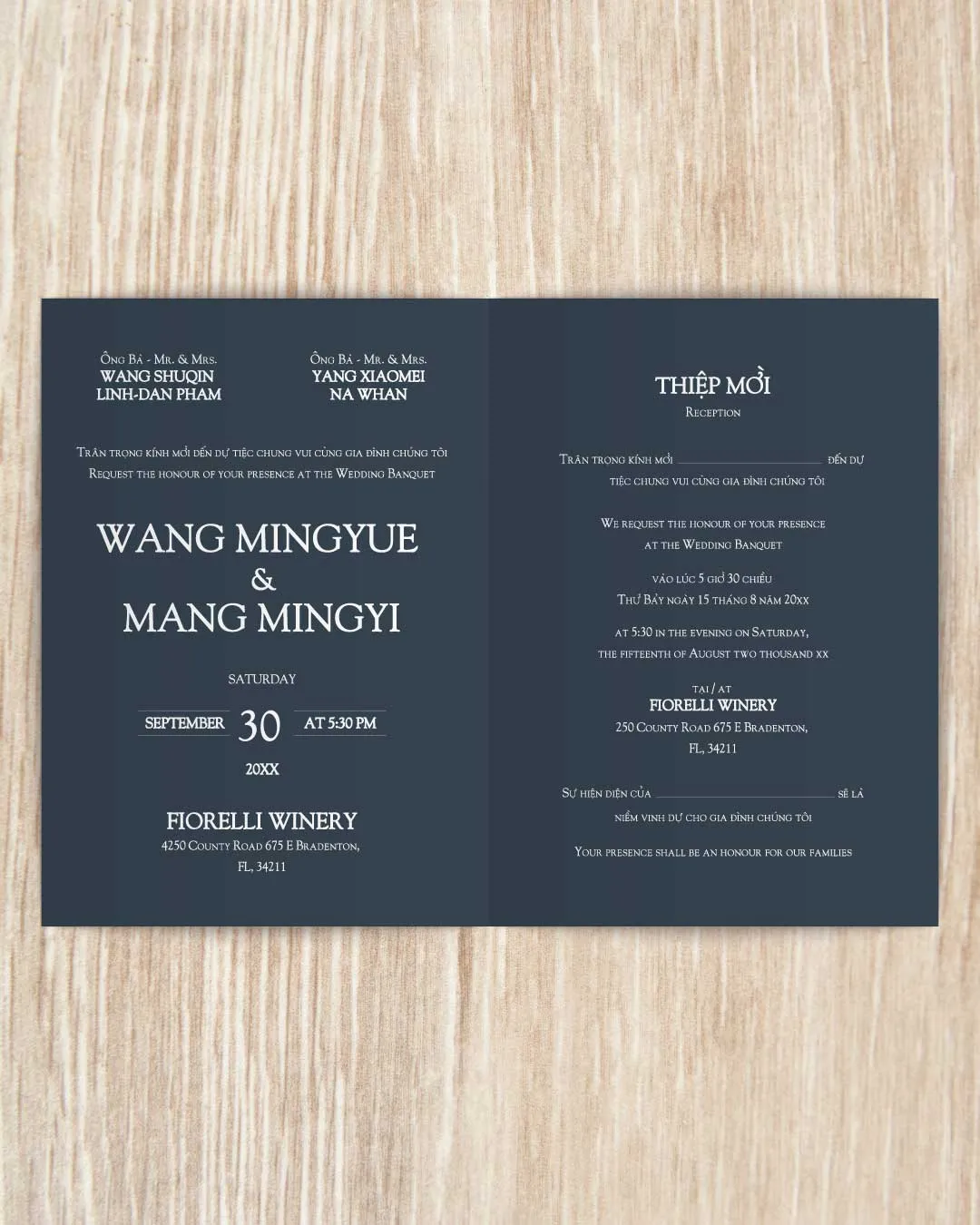 Deep Blue Invitation Half Fold Vietnamese & English Wedding Invitation