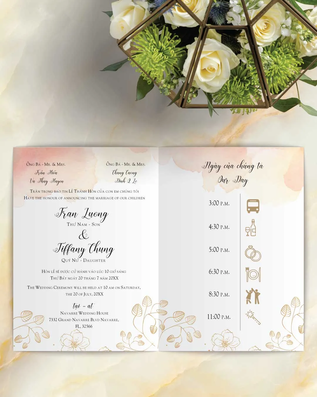 Peach Watercolor And Golden Half Fold Vietnamese & English Wedding Invitation
