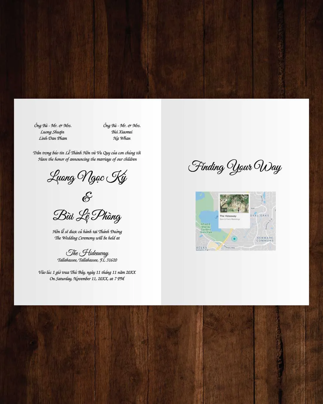 Simple Invitation With Map Half Fold Vietnamese & English Wedding Invitation