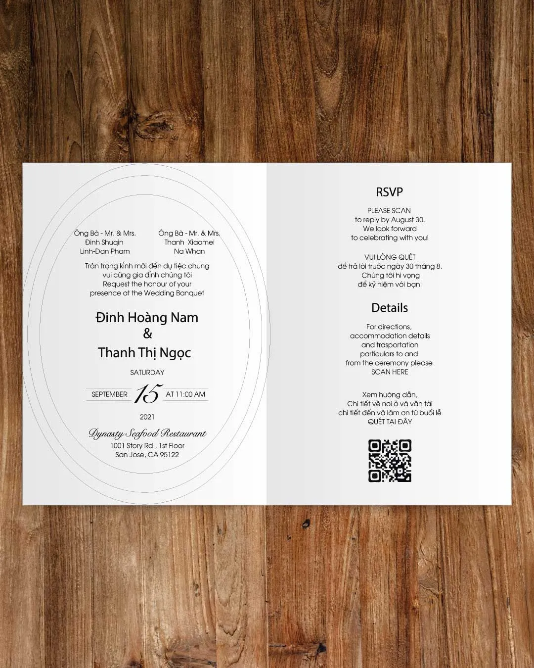 Single-line Couple Half Fold Vietnamese & English Wedding Invitation